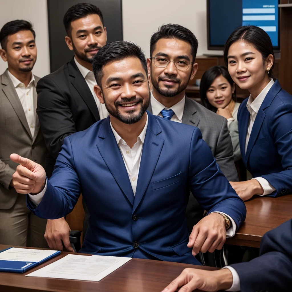 ภาพrealistic,Thai guy,Age 40,Oval face,Has a slight beard,handsome,cool,smile,Wear a dark blue suit.,Selfie,CEO,At the office,sitting in a meeting,There were approximately 20 people attending the meeting.,long conference table,Bokeh,realistically,realistic,Clear eyes,All fingers,นิ้วมือrealistically,Sharp picture.
