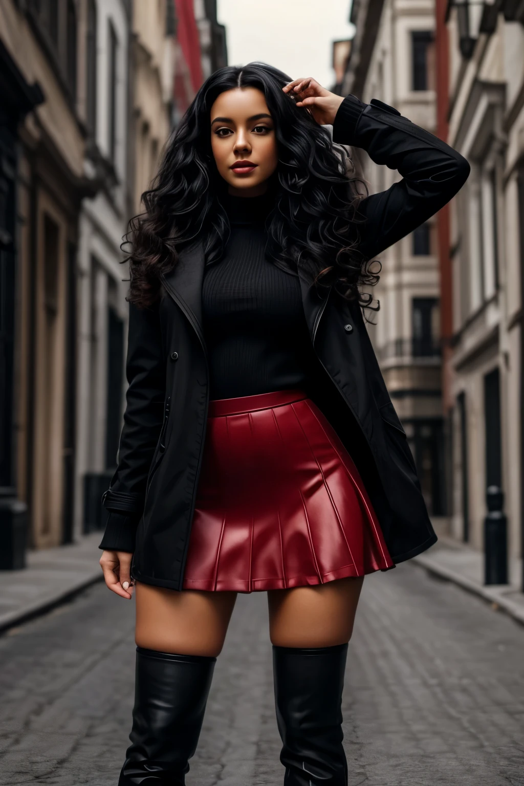 Woman, long curly black hair, medium bust, wide-legged, legs thick, Black jacke, long red skirt, blackstockings, hands on your head, looking at the camera, photorrealistic