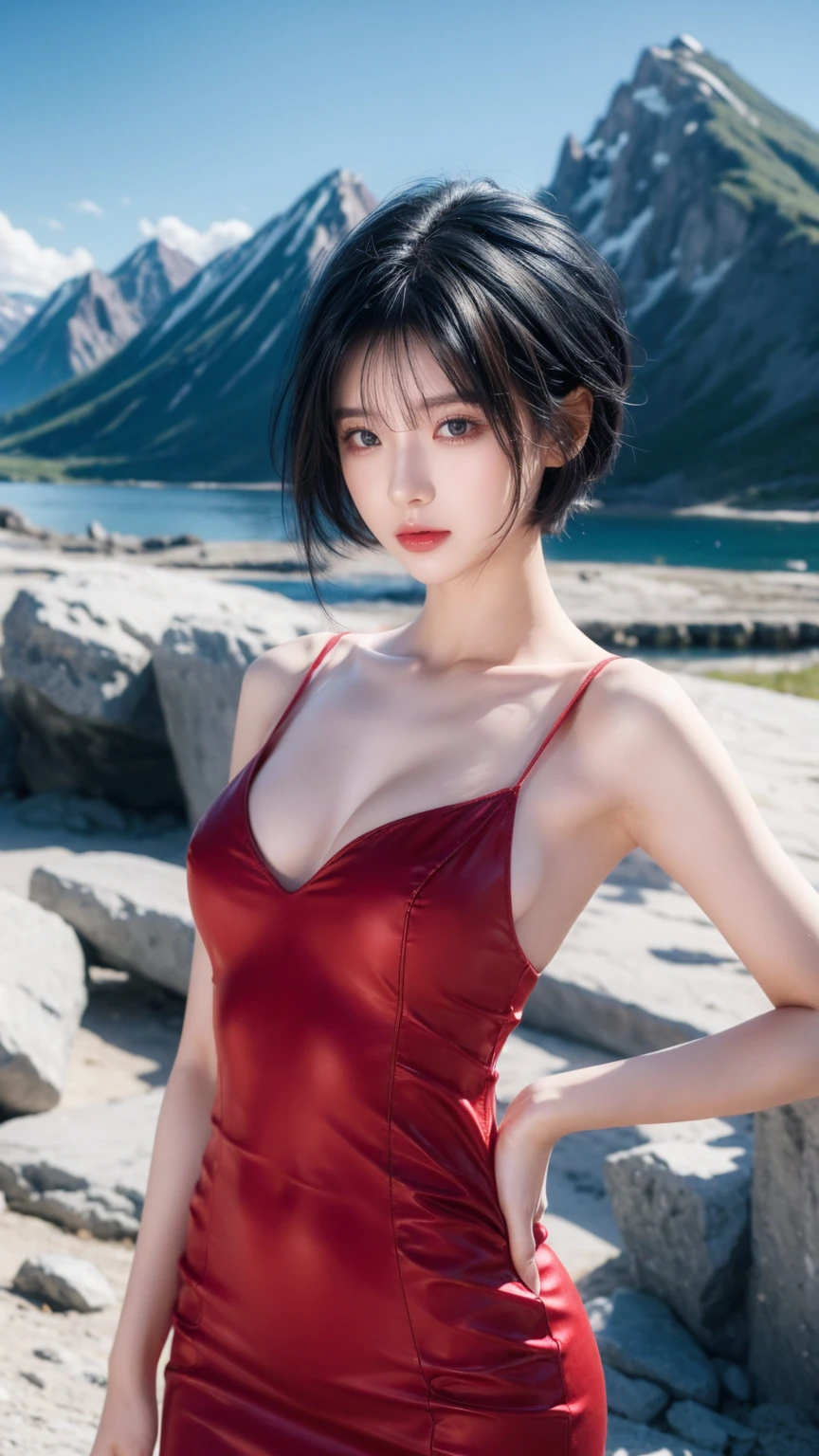 best quality, 1 Girl, dark blue hair, black eyes, Very short hair, Spiky hair, wears sweet red red dress body slim luxury,A cropped dress, 171 cm, Messy hair, Hair between the eyes, Tomboy, aldult, 20 years old, A sweet girl by the mountain