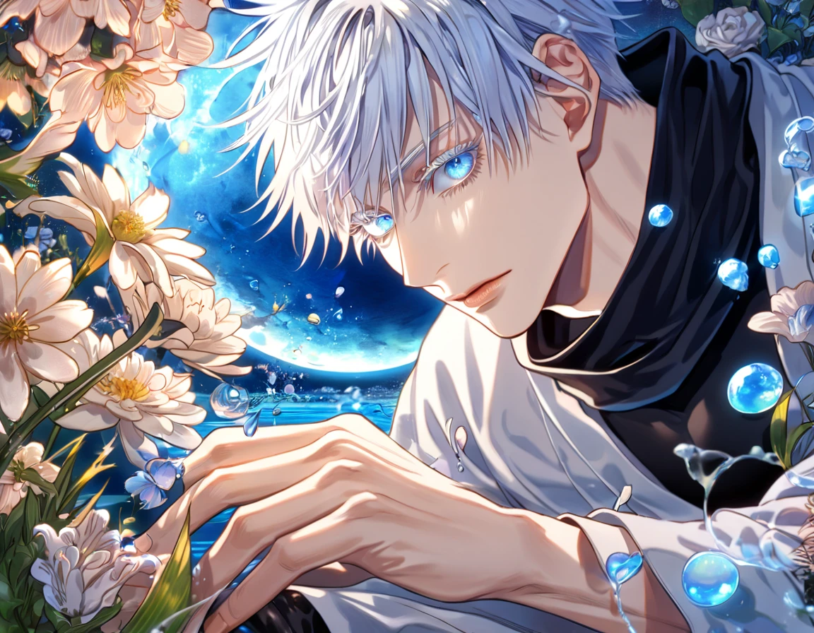 absurdres, highres, ultra detailed, HDR, master piece, Gojou Satoru, white hair, expressive blue eyes, white eyelashes, black scarf, black tight shirt, white haori, Jujutsu Kaisen, sexy man, handsome, best quality, blue moon, flowers, fantasy, magical, solo, water, blue shining fireflies, blue petals,