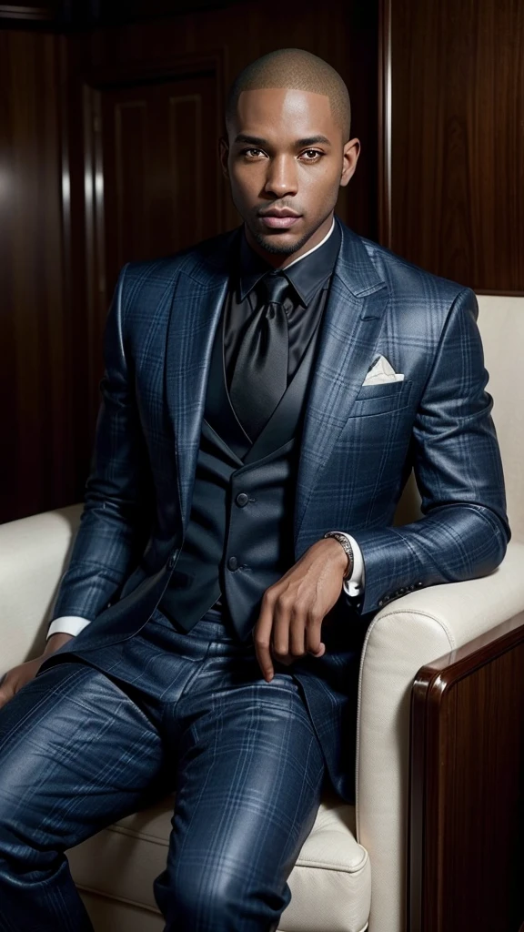 A handsome 34-year-old black man with shaved hair, dressed in an elegant high-gloss blue plaid suit, exudes an air of wealth, against the backdrop of luxury on a current luxury yacht, a mahogany and soft leather chair wood paneling, high contrast, rich textures, dramatic lighting, ultra realistic.