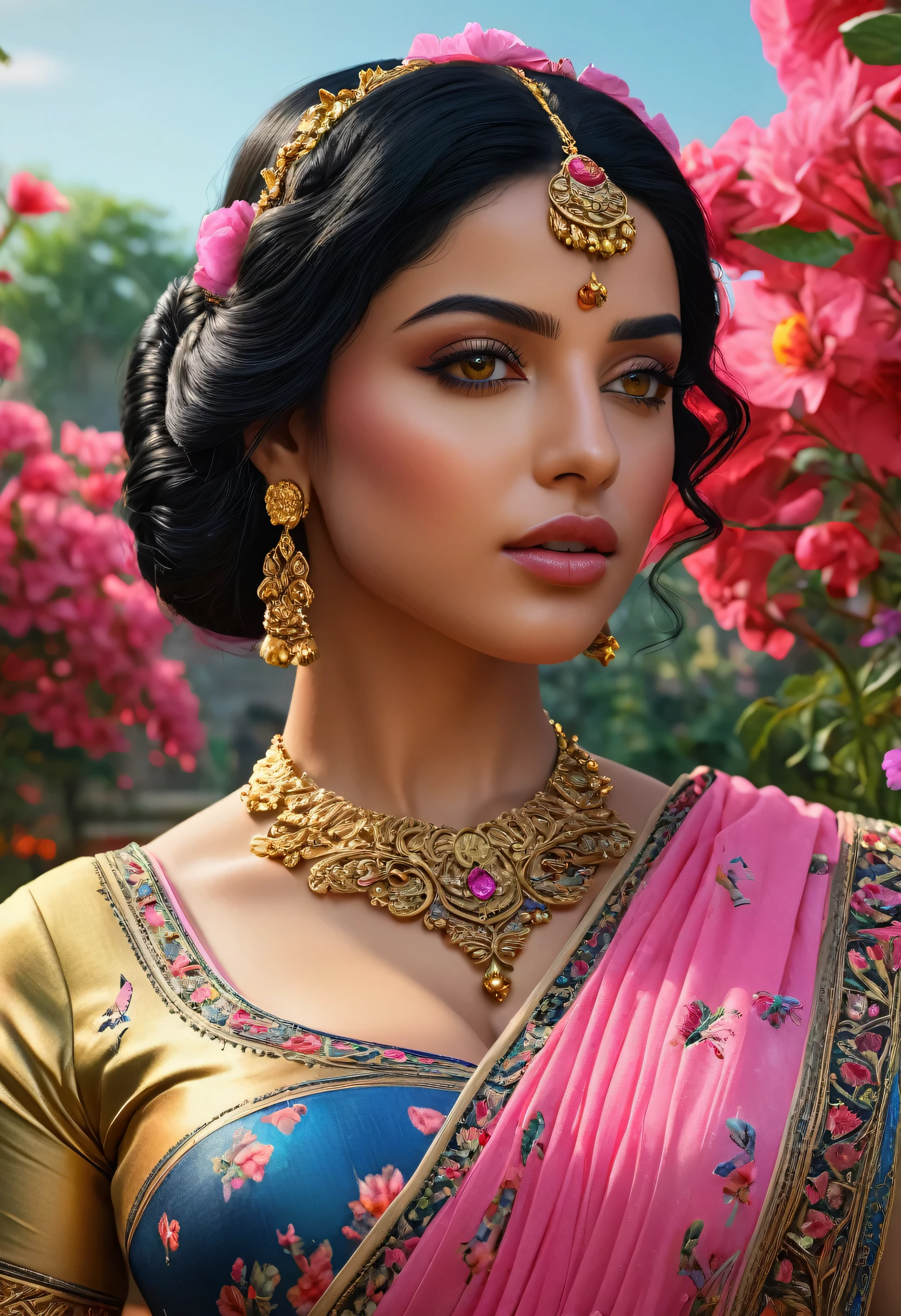 a middle east woman with black hair, beautiful detailed eyes, beautiful detailed lips, extremely detailed face, butterflies in her hair, wearing a pink saree dress with gold details, standing in a garden full of yellow, red, blue, pink flowers, ((large breasts)), (best quality,4k,8k,highres,masterpiece:1.2),ultra-detailed,(realistic,photorealistic,photo-realistic:1.37),intricate,ornate,highly detailed,hyper realistic,vivid colors,dramatic lighting,cinematic,ethereal,fantasy,elegant,beautiful,serene