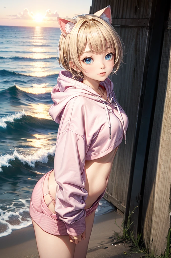 Cat ear、Absurd, Ultra-detailed,Bright colors,(solo),(From the side:1.2),(View your viewers:1.5) (Short blonde hair:1.2),Shiny Hair,(Pink hoodie:1.5),(Black sneakers),Denim shorts,Delicate and beautiful face, blush、(Deep blue eyes:1.4), White skin, (A wistful smile:1.3),Beautiful Clouds,(Standing on the beach, looking to the side with a sad expression:1.3),look at the sea and sunset,At sunset,Waves crashing on the beach,sunlight,Light on the face、Cat ear、Belly button