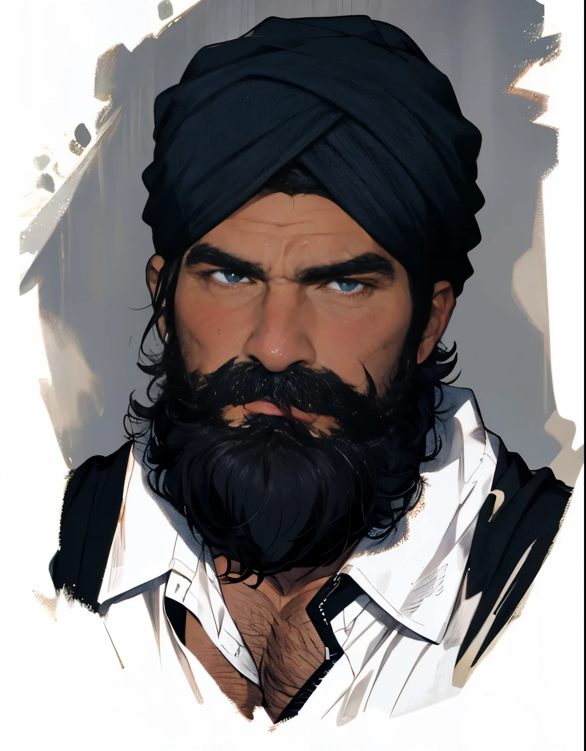 Masterpiece, Best Quality, Ultra-Detailed, 1man, mature male, rugged man, strong, hunk, turban, blue turban, dark blue turban, black beard, thick beard, long beard, stubble, Medium Close-up, Masculine, 45yo middle-aged, 1man, dg_Mark, encouraging facial expression, muscular, dad bod, social shirt, white shirt, black cloak