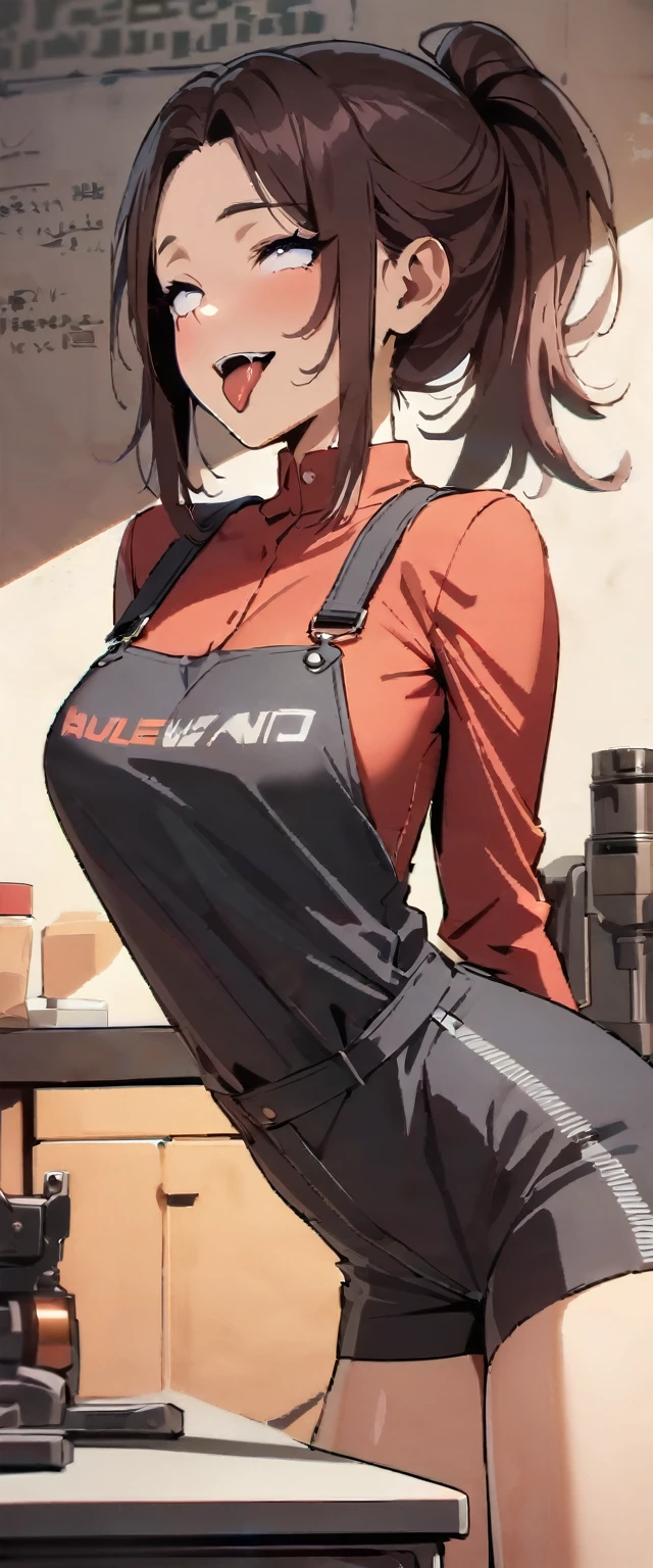 (highest quality:1.2, Very detailed, Latest, Vibrant, Ultra-high resolution, High Contrast, masterpiece:1.2, highest quality, Best aesthetics), Beautiful female mechanic, sexy, Work clothes, Overalls, Best Body Line, Beautiful detailed eyes, A professional and confident smile, Detailed facial features, Elegant hairstyle, Power tools, detailed machine, The work contents written on the wall, A neat and tidy desk, Precision work, Adorable, ahegao, tongue out