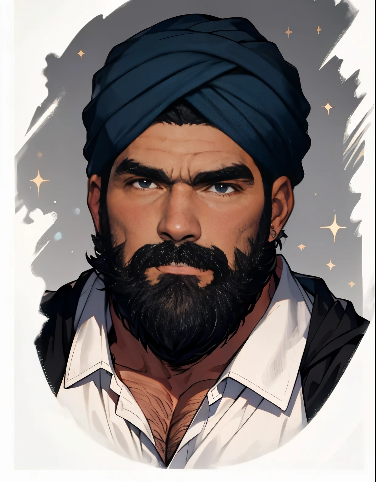 Masterpiece, Best Quality, Ultra-Detailed, 1man, mature male, rugged man, strong, hunk, turban, blue turban, dark blue turban, black beard, thick beard, long beard, stubble, Medium Close-up, Masculine, 45yo middle-aged, 1man, dg_Mark, encouraging facial expression, muscular, dad bod, social shirt, white shirt, black cloak