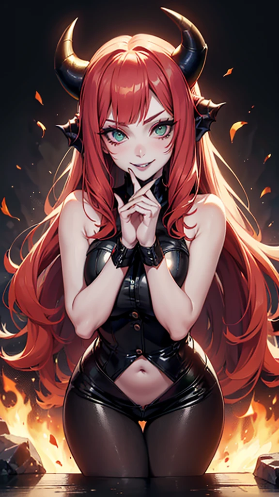 ((cute, innocent smile, shy)), succubify, (pale skin:1.3), demon horns, demon tail, demon wing (black lips:1.2), red hair, green eyes (" Ana de Armas", “kagney linn karter ").blend(0.1,1), (1girl), fire in the background, flames,