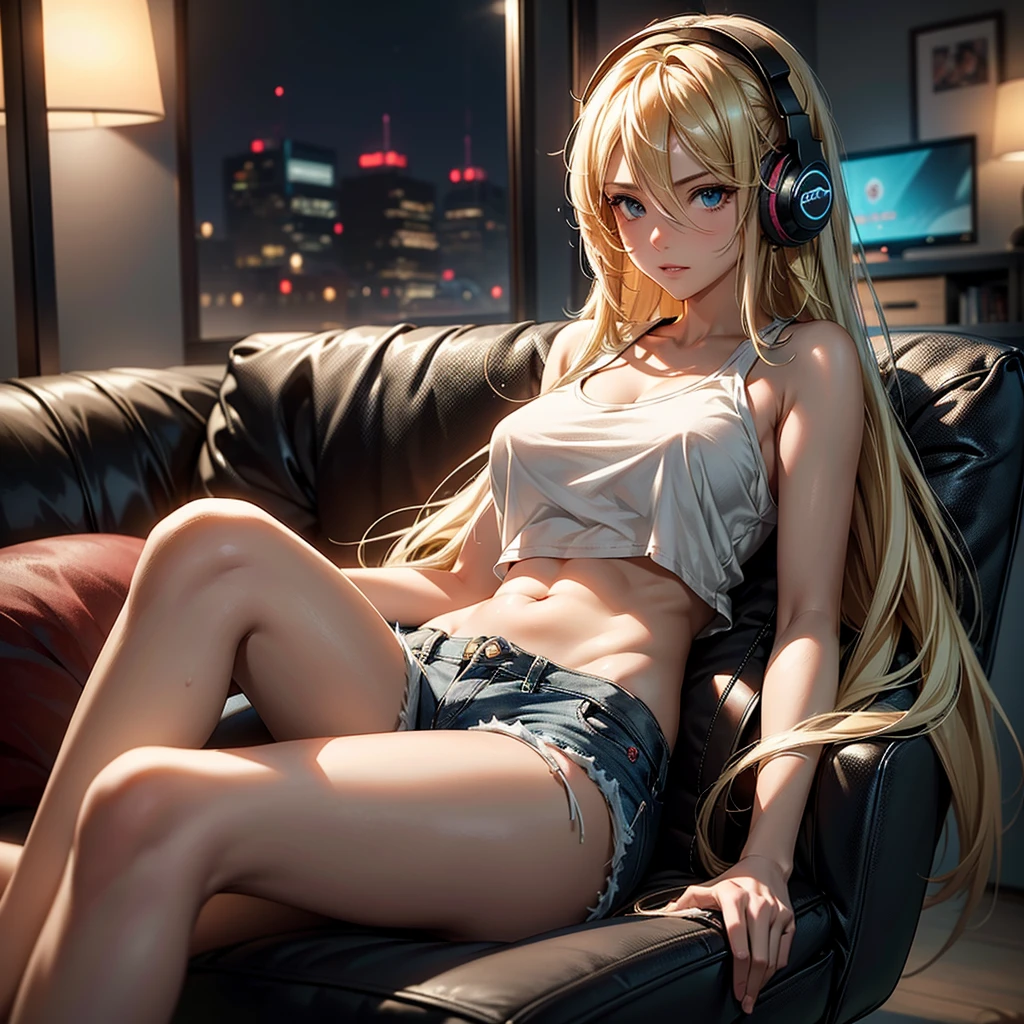 Create an image of a beautiful, erotic anime girl with long blonde hair, showing her stomach, relaxing in a cozy lounge. She is wearing a cutoff shirt and shorts, with headphones on, enjoying her music while sitting in her gaming chair. The lounge has warm, dim lighting, plush seating, and personal items scattered around, creating a sense of intimacy and relaxation