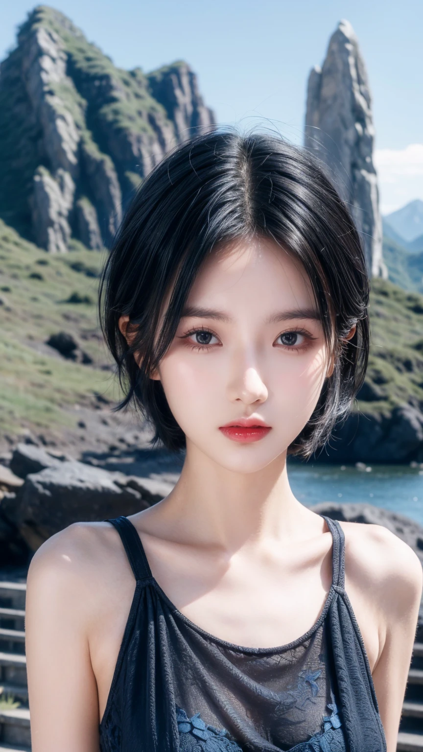 best quality, 1 Girl, dark blue hair, black eyes, Very short hair, Spiky hair, wears sweet red red dress body slim luxury，A cropped dress, 171 cm, Messy hair, Hair between the eyes, Tomboy, aldult, 20 years old, A sweet girl by the mountain