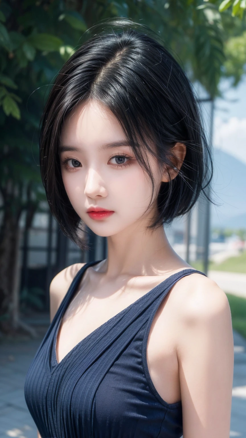 best quality, 1 Girl, dark blue hair, black eyes, Very short hair, Spiky hair, wears sweet red red dress body slim luxury，A cropped dress, 171 cm, Messy hair, Hair between the eyes, Tomboy, aldult, 20 years old, A sweet girl by the mountain