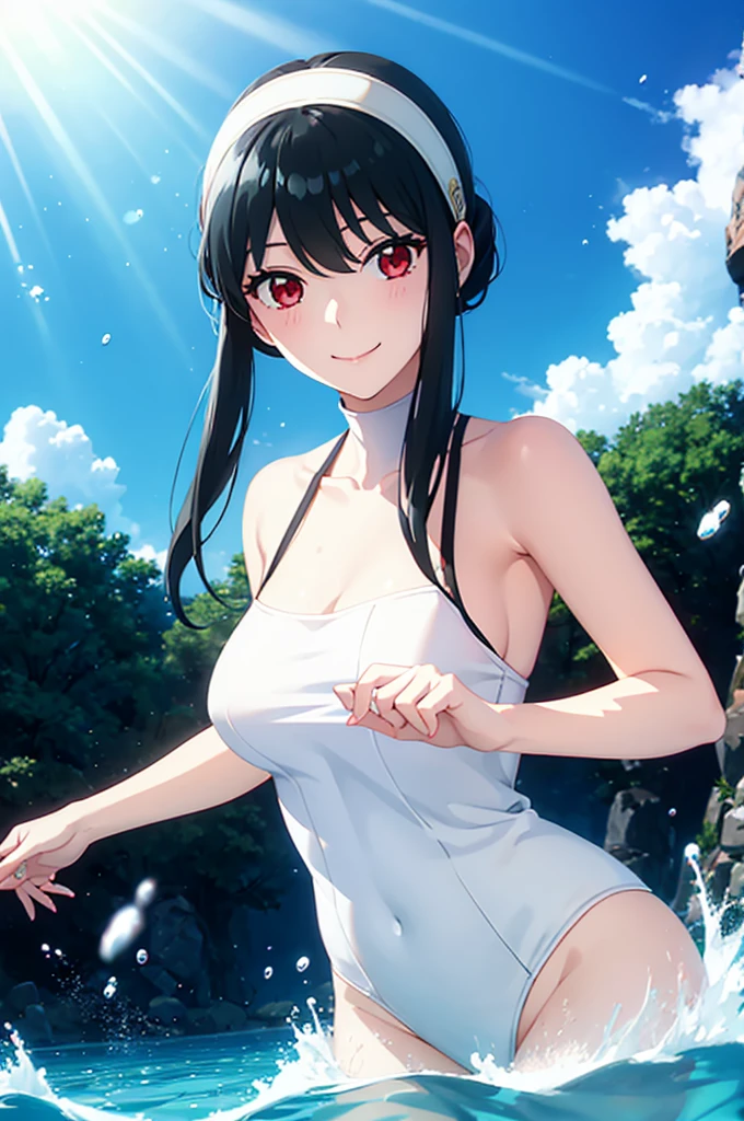 White hair band、Red eyes、Black Hair、Yor Briar、Beautiful woman swimming underwater、Dazzling Sun、smile、Splash、Angles from under water