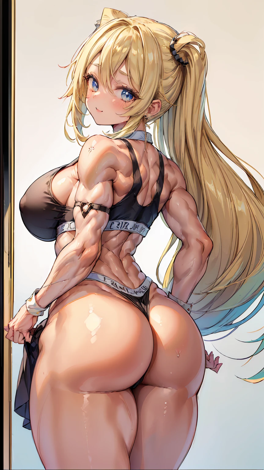 Super detailed、Highest quality、Best image quality、masterpiece、8K、(shoulder-length blonde hair、Medium Long Hair)、(laugh) 、(cheerful)、(tareme)、(big eyes)、(Beautiful shining eyes)、(High Detail Anime Eyes)、(puffy eyes)、(Big Breasts:1.3)、((SFW Huge Body))、(((Rear View)))、Cowboy Shot、(Thong、カルバンクラインThong)、(Two women stand side by side with their butts facing the viewer.:1.5)