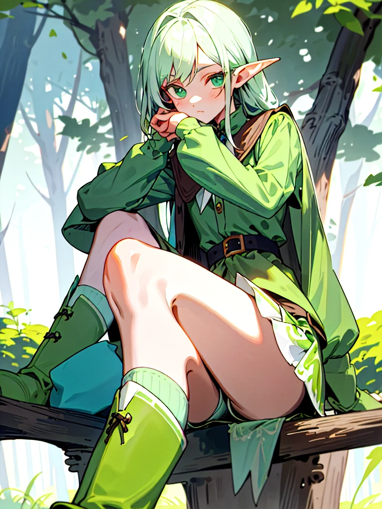 Western Phantom Elves(female pervert),One guy,Beth,Sitting,Green boots,green-shirt,Green and white want to add a short skirt,No underskirt,Delicate facial features,eighteen years old,Green forest in background