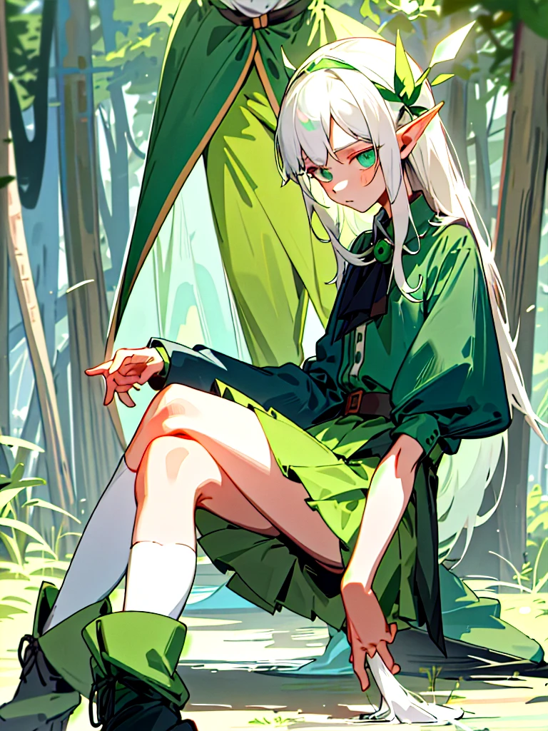Western Phantom Elves(female pervert),One guy,Beth,Sitting,Green boots,green-shirt,Green and white want to add a short skirt,No underskirt,Delicate facial features,eighteen years old,Green forest in background