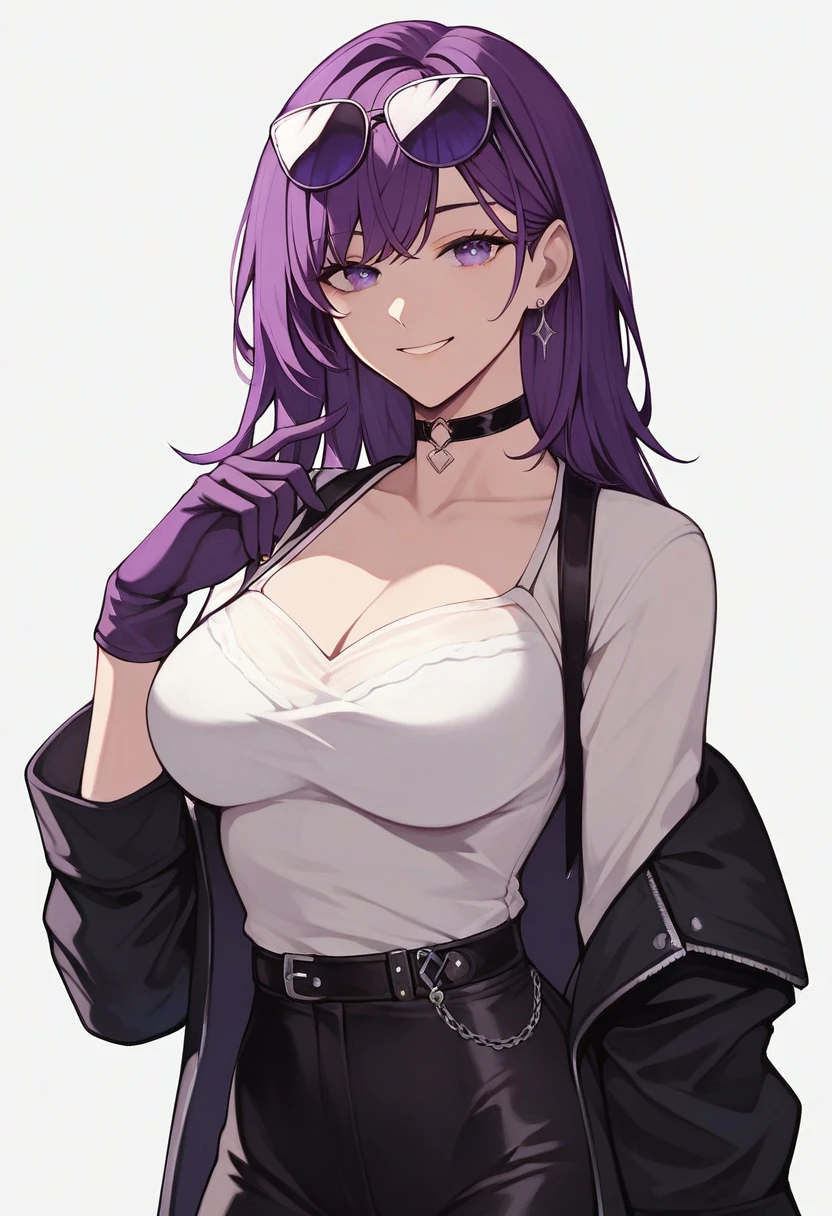 Kafka, 1girl, simple background, purple gloves, looking at viewer, sunglasses, choker, tinted eyewear, hand up, bangs, long sleeves, smile, closed mouth, purple eyes, white background, jacket, breasts, purple hair, eyewear on head, medium hair, white shirt, earrings,grin, black pupils, beach
,best quality, masterpiece,  heart shaped eyes, Contains semen big condom hold in mouth, Spread legs wide, Large quantity semen overflowing from the vagina, ((Open your pussy with the fingers of both hands)), NSFW, No Mosaic,