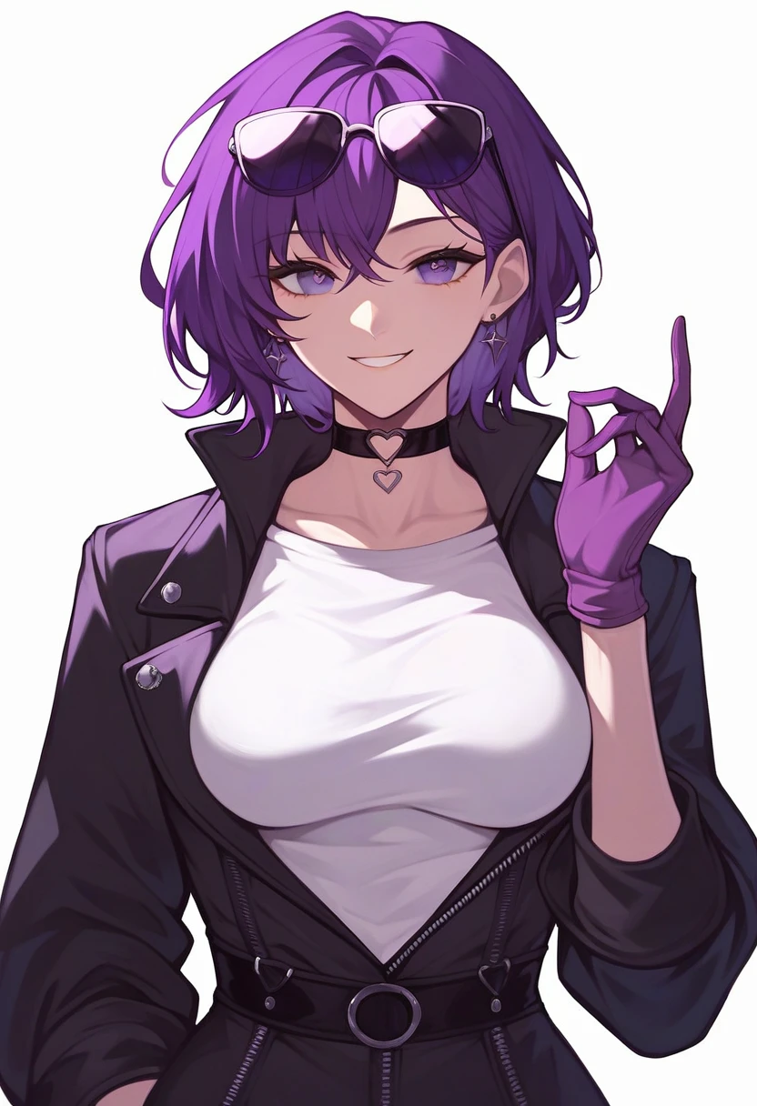 Kafka, 1girl, simple background, purple gloves, looking at viewer, sunglasses, choker, tinted eyewear, hand up, bangs, long sleeves, smile, closed mouth, purple eyes, white background, jacket, breasts, purple hair, eyewear on head, medium hair, white shirt, earrings,grin, black pupils, beach
,best quality, masterpiece,  heart shaped eyes, Contains semen big condom hold in mouth, Spread legs wide, Large quantity semen overflowing from the vagina, ((Open your pussy with the fingers of both hands)), NSFW, No Mosaic,