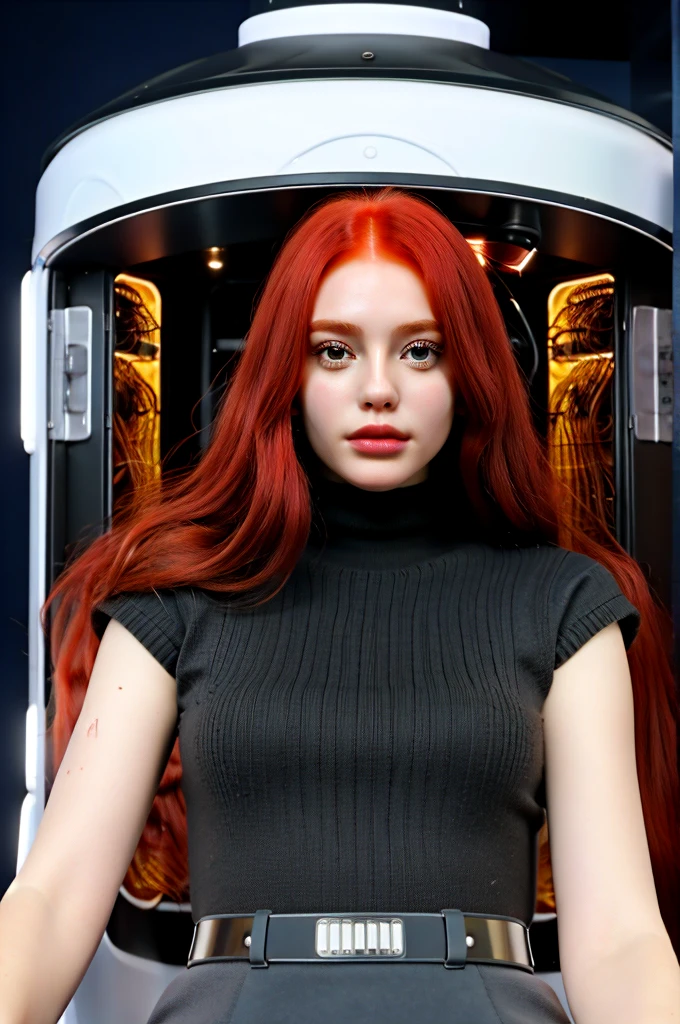 Red-haired girl inside a technological capsule of hibernation with cables and many identical capsules around her
