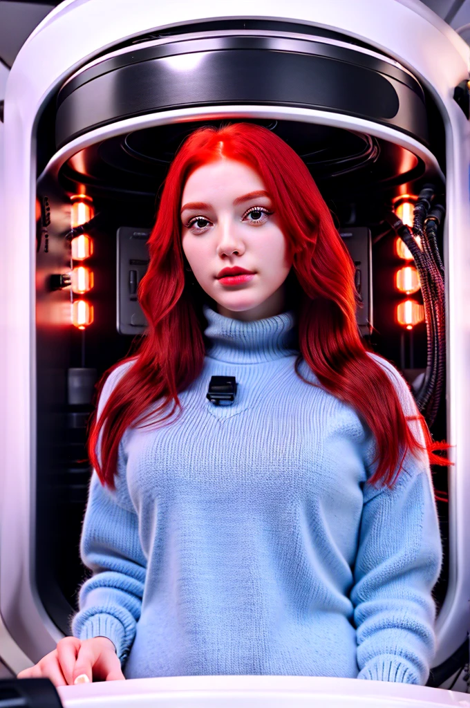 Red-haired girl inside a technological capsule of hibernation with cables and many identical capsules around her