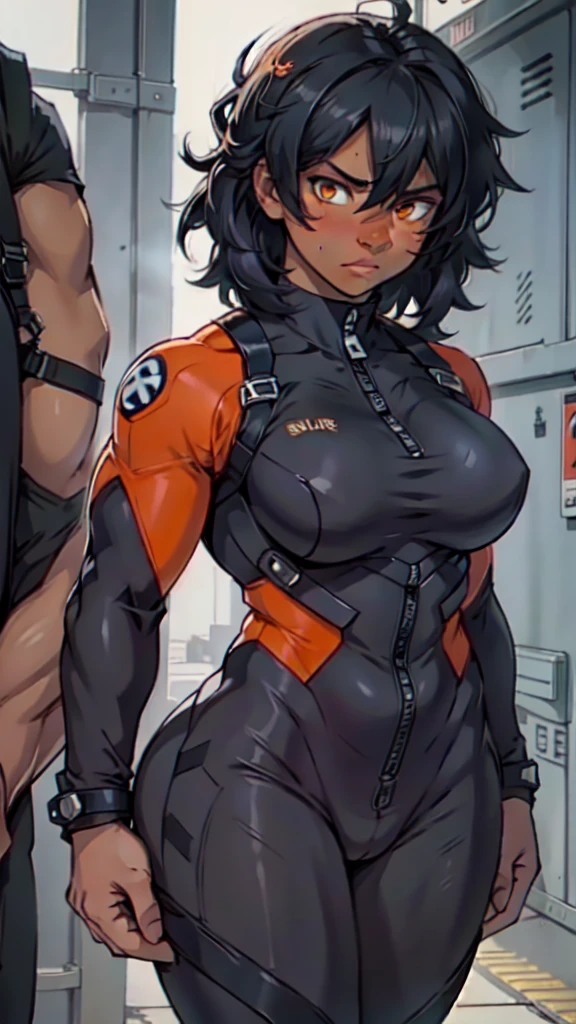 Ebony skin, solo, 1girl, detailed orange eyes, sad frown, indigo spiked hair, huge  toned body, muscular girl, blushing, round buson, gorgeous body, pilot bodysuit