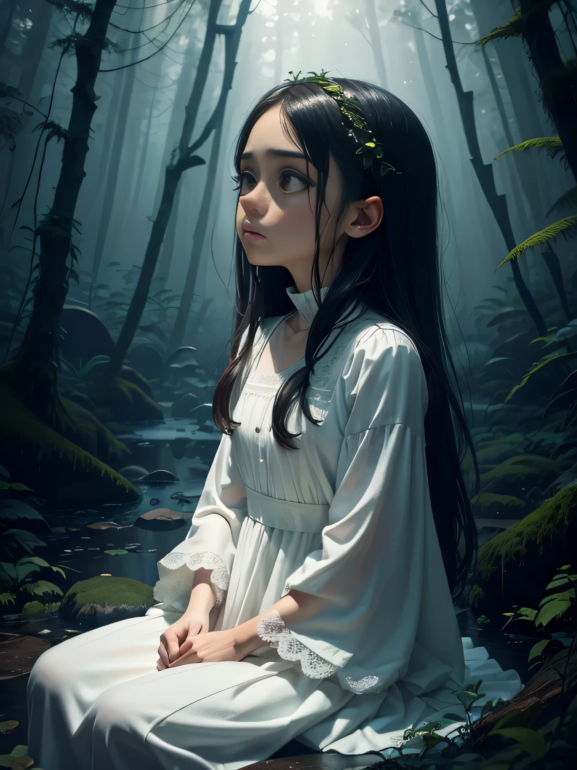 ((realphoto、An ultra-high picture quality、natural soft light、masterpiece、Deep in the dense forest、The dim))、rain is falling、One Point of Light、Wilderness where no one goes、Dense fern plants、Ancient jungle、waterside、Full of moss、Uncharted、(Dampness and eerie atmosphere、Foggy)、An atmosphere in which something seems to exist、Pitch black dense forest、Lost civilization、((lonely、desolate、Girl Left Behind、Slender body、Stunned、look up to、Anxious expression))、(((Best Beautiful Girl、lofty nose、Big eyes、White Dress)))、(((Dark dense forest)))