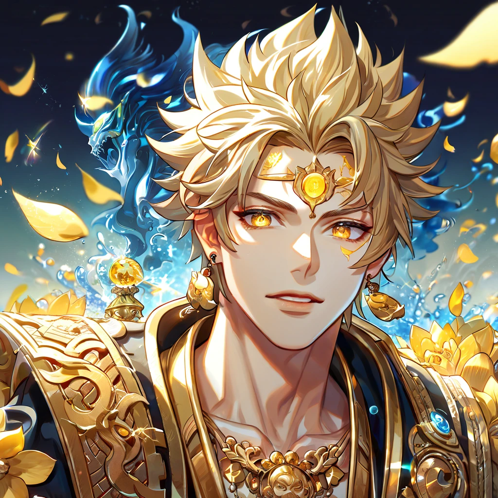 absurdres, highres, ultra detailed, HDR, master piece, best quality, extremely detailed, Susanoo, ash-blond spiked hair, expressive golden eyes, earrings, golden mark on his forehead, Onmyoji, solo, sexy man, handsome, black tunic, magical, fantasy, glittering, sparkling, glass, yellow flowers, yellow petals, water