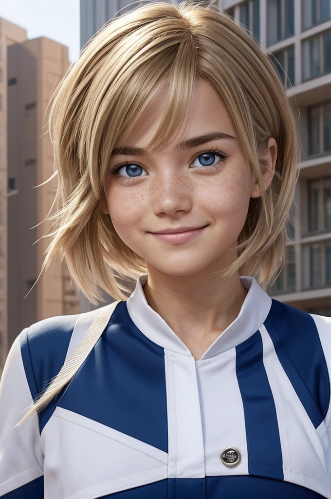 Screenshot of my hero academia.
Create a girl/Chico (indefinite gender) with short medium straight and wavy hair, white skin with rosy cheeks and not very noticeable freckles, Her dark blue eyes and her texture are slim without much bust., His hands are a little hurt and he has bandages on his left arm., His clothing is the male uniform of the UA, do it with a calm smile and a kind look, the background is the building outside the UA