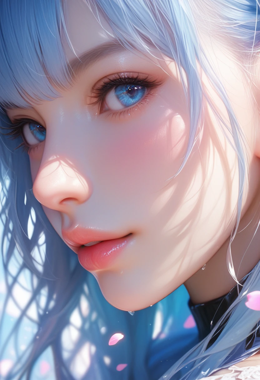 score_9, score_8_up, score_7_up, Girl's profile picture, light blue long hair with bangs, light blue petals on cheeks, realistic skin texture, detailed picture, close-up, HD32k