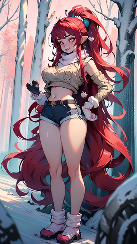 explorer girl,1girl,((extremely cute and beautiful red haired explorer girl)),(((18 years old))),(large breasts:1.4),((((red hair:1.35,absurdly long unkempt hair,ponytail red hair,bangs,colored inner hair,ear breathing)))),(((red_eyes:1.3))),intricate eyes,beautiful detailed eyes,symmetrical eyes,((((lustrous skin:1.5,tanned skin,bright skin:1.5,skin tanned,shiny skin,very shiny skin,shiny body)))),(spider lower abdomen,narrow waist,wide hip,athletic body,inflated legs,thick thighs,detailed body,(detailed face)),((heart pupils:1.5,heart:1.3,hearts:1.3,heart marks:1.3)),(ahegao face:1.5),

cute,slutty,seductive,erotic,(nsfw),

((large white socks:1.5,socks texture must be natural)),((deep V sweater:1.5)),((no bottoms)),((white mittens:1.5,white scarf:1.5),((navel)),((shorts,short shorts,denim shorts)),(((unzipped, open fly))),

(dynamic pose:1.0),embarrassed,(centered,scale to fit dimensions,Rule of thirds),

((snowy pink cherry forest:1.5,pink theme forest:1.5)),winter,scenery:1.25,((intricate scenery)),((snow forest background)),Christmas tree,

(Glossy winter ornaments),highres,sharp focus,(ultra detailed,extremely detailed),(photorealistic artwork:1.37),(extremely detailed CG unity 8k wallpaper),(((vibrant colors,vibrant theme))),(intricate),(masterpiece),(best quality),
