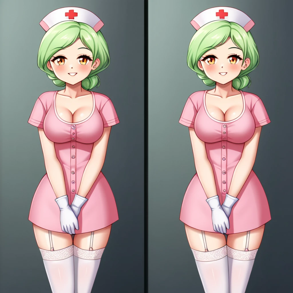 In a dimly lit hospital room, a sultry young female nurse stands out against the somber backdrop. Dressed in lacy lingerie, thigh-high stockings, and a nurse's cap, she exudes seductive mystery. Soft, warm glow illuminates her low-cut pink top showcasing ample cleavage, while white gloves add sophistication. Her gaze invites the viewer to step into her world. Ornate medical equipment and eerie shadows hint at gothic horror elements in the background. The nurse's cap and white gloves nod to darker undertones, balancing provocative themes with elegance.