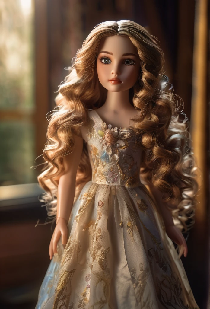 A beautiful doll with long, curly hair flowing below her waist, detailed facial features, elegant dress, porcelain skin, whimsical expression, soft lighting, intricate details, highly detailed, photorealistic, 8k, best quality, masterpiece, cinematic lighting, dramatic shadows, warm color palette