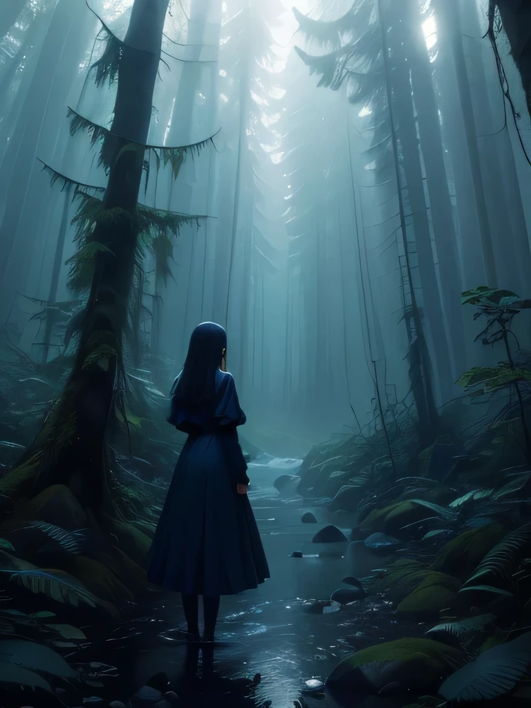 ((realphoto、An ultra-high picture quality、natural soft light、masterpiece、Deep in the dense forest、The dim))、rain is falling、One Point of Light、Wilderness where no one goes、Dense fern plants、Ancient jungle、waterside、Full of moss、Uncharted、(Dampness and eerie atmosphere、Foggy)、An atmosphere in which something seems to exist、Pitch black dense forest、Lost civilization、((lonely、desolate、Girl Left Behind、Slender body、Stunned、look up to、Anxious expression))、(((Best Beautiful Girl、lofty nose、、blue Dress)))、(((Dark dense forest)))
