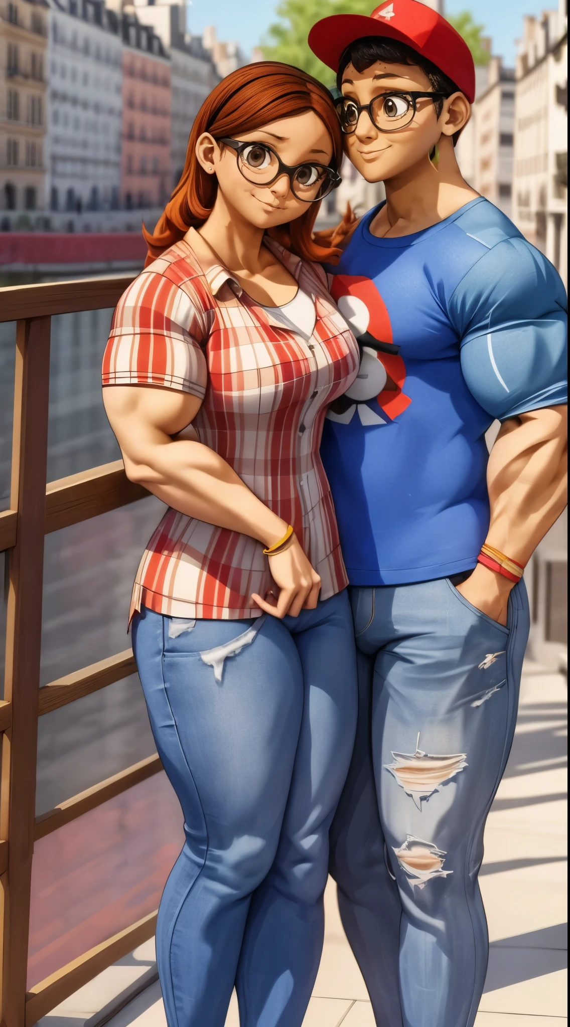 (masterpiece, best quality:1.2), A couple , boy Nino Lahiffe: Brown skin, dark hair, usually seen wearing a red cap, glasses, and casual clothing like a T-shirt and jeans, and a girl Alya Césaire: Brown skin, curly dark brown hair, often wears glasses, and typically seen in stylish, casual outfits. A casual day out with both characters in their everyday attire,Sharing a tender moment, like sitting on a rooftop overlooking Paris..(girl and boy:1), smiling, ((high resolution illustration)), ((extremely detailed)), (couple), Alya, Nino, Nino X Alya, (best quality,4k,8k,highres,masterpiece:1.2), ultra-detailed, realistic:1.37, HDR, studio lighting, extreme detail description, nino wearing a red cap, professional, vibrant colors, bokeh, ((muscular female bodybuilder)), detailed lips, strong embrace, romantic scene, intimate moment, intense passion, athletic bodies, fitness couple, gym background, muscular definition, sculpted muscles, sweat glistening,muscular