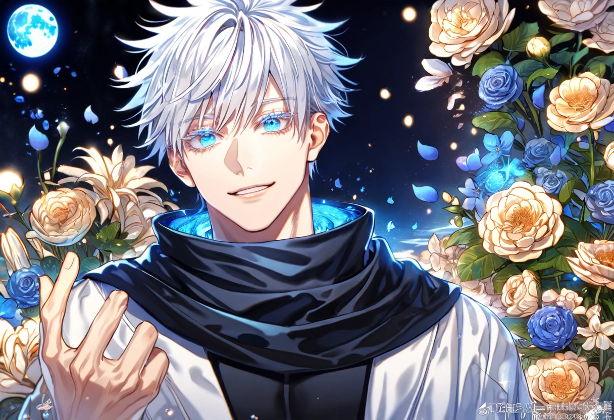 absurdres, highres, ultra detailed, HDR, master piece, Gojou Satoru, white hair, expressive blue eyes, white eyelashes, black scarf, black tight shirt, white haori, Jujutsu Kaisen, y man, handsome, best quality, blue moon, flowers, fantasy, magical, solo, water, blue shining fireflies, blue petals, handsome smile