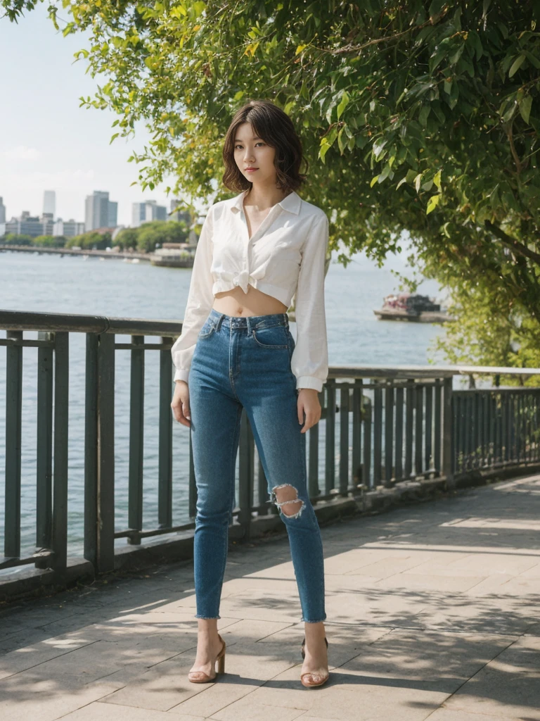 her name is Asako, high quality, 1girl, ((20-year-old fit Caucasian woman)), ((20 years old)), ((slim)), ((Wavy Bob)), pose: standing, wearing stylish fashionable Generation-Z modern wear different colored, BACKGROUND:At the South Bank Parklands, with its man-made beach, vibrant gardens, and views of the city skyline.