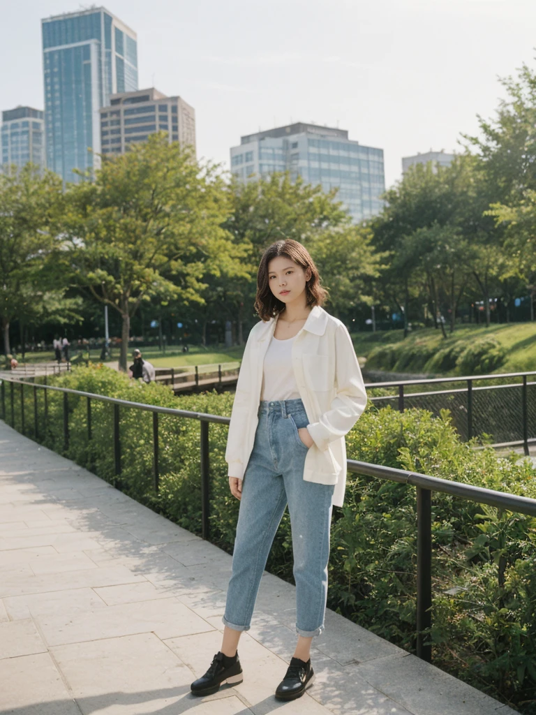 her name is Asako, high quality, 1girl, ((20-year-old fit Caucasian woman)), ((20 years old)), ((slim)), ((Wavy Bob)), pose: standing, wearing stylish fashionable Generation-Z modern wear different colored, BACKGROUND:At the South Bank Parklands, with its man-made beach, vibrant gardens, and views of the city skyline.