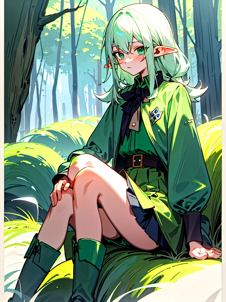 Western Phantom Elves(female pervert)，One guy，Beth，Sitting，Green boots，green-shirt，Green and white want to add a short skirt，No underskirt，Delicate facial features，eighteen years old，Green forest in background
