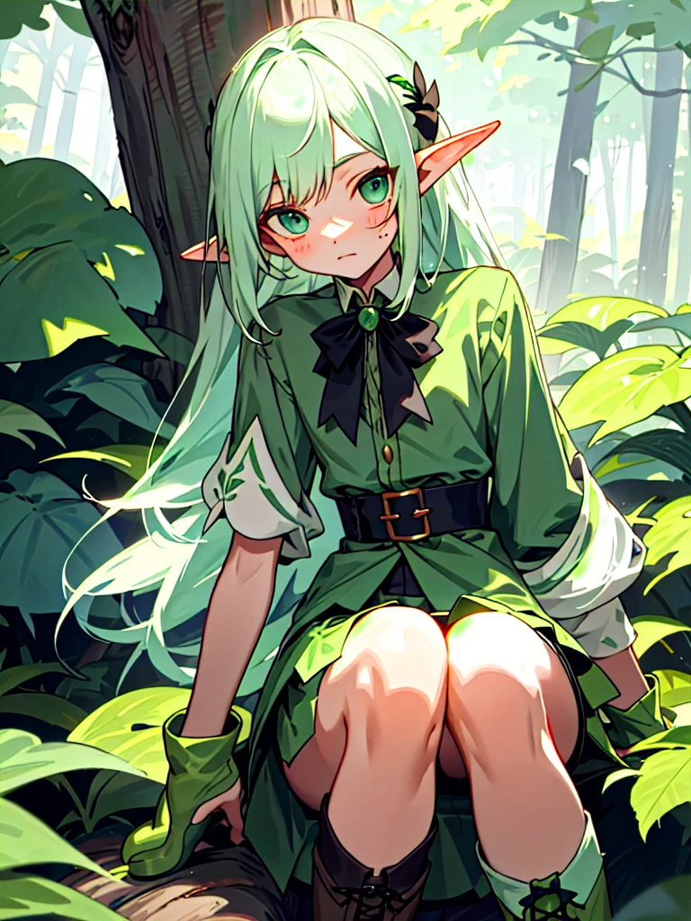 Western Phantom Elves(female pervert)，One guy，Beth，Sitting，Green boots，green-shirt，Green and white want to add a short skirt，No underskirt，Delicate facial features，eighteen years old，Green forest in background