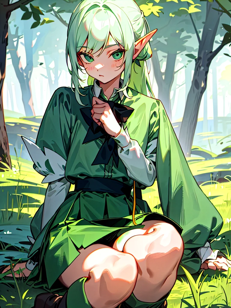 Western Phantom Elves(female pervert),One guy,Beth,Sitting,Green boots,green-shirt,Green and white want to add a short skirt,No underskirt,Delicate facial features,eighteen years old,Green forest in background