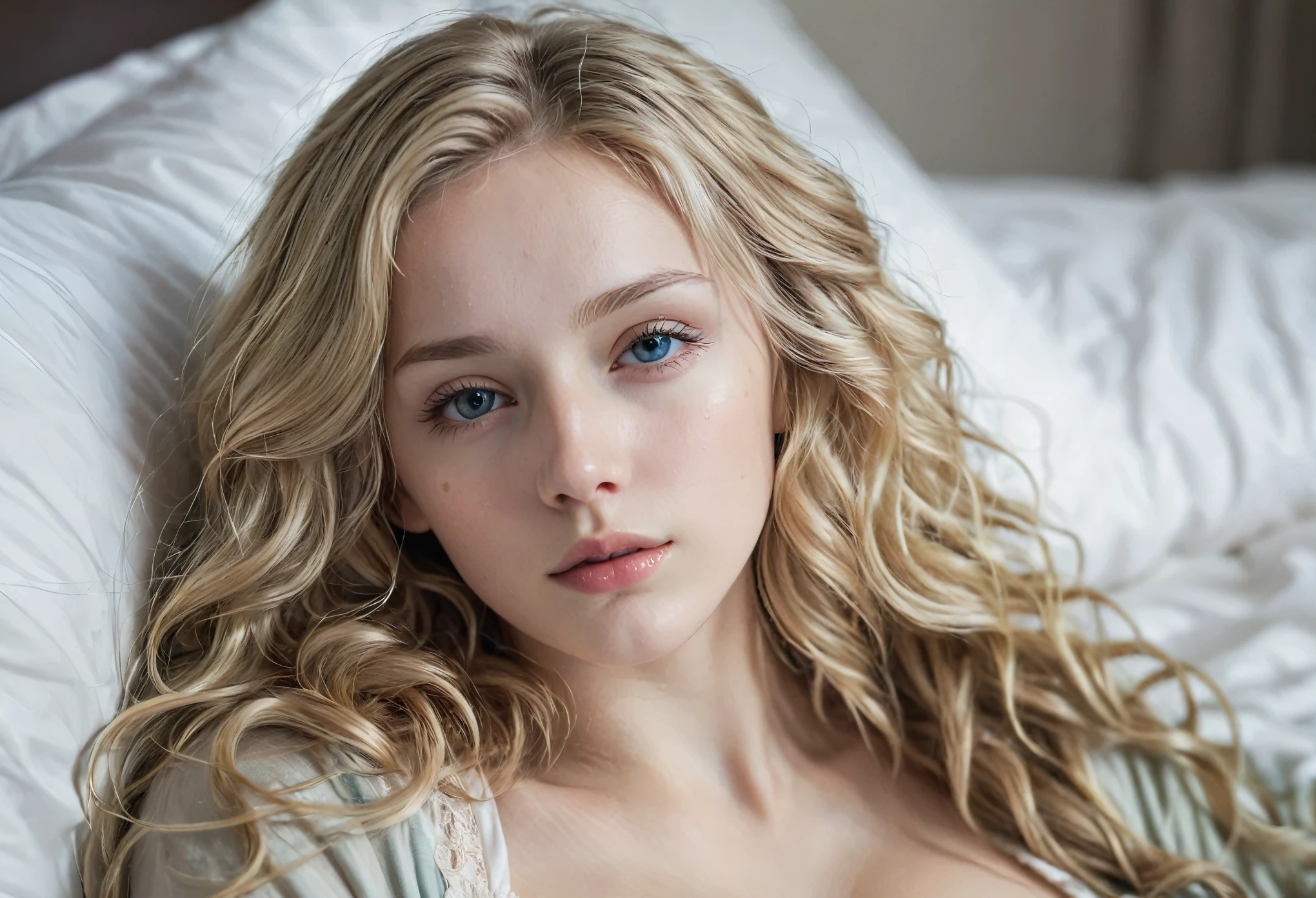 blonde girl, alone, (25 years old:1.3), beautiful lady, (Blonde extra long wavy hair:1.3), Detailed face:1.2), ((Detailed face features:1.3)), Delicate skin, pale skin, ((portrait:1.3)), wrapped in a paper, Bedroom environment, (Lying in bed:1.3), (Cool color scheme:1.2), wet, Reflective surface, (current:1.3), (High resolution:1.3), ((Realistic:1.4)), masterpiece, real details, shallow depth of field, seductive, breast,
