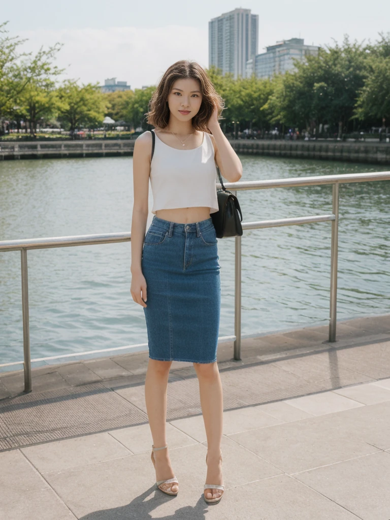 her name is Asako, high quality, 1girl, ((20-year-old fit Caucasian woman)), ((20 years old)), ((slim)), ((Wavy Bob)), pose: standing, wearing stylish fashionable Generation-Z modern wear different colored, BACKGROUND:At the South Bank Parklands, with its man-made beach, vibrant gardens, and views of the city skyline.