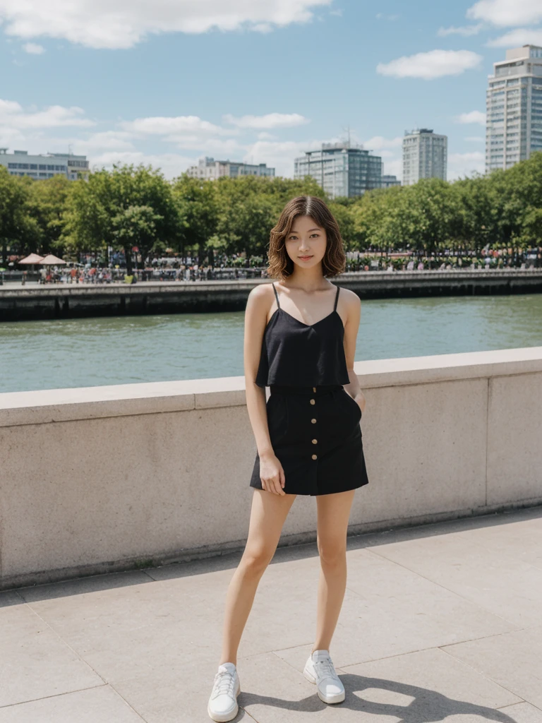 her name is Asako, high quality, 1girl, ((20-year-old fit Caucasian woman)), ((20 years old)), ((slim)), ((Wavy Bob)), pose: standing, wearing stylish fashionable Generation-Z modern wear different colored, BACKGROUND:At the South Bank Parklands, with its man-made beach, vibrant gardens, and views of the city skyline.