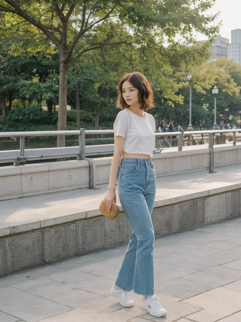 her name is Asako, high quality, 1girl, ((20-year-old fit Caucasian woman)), ((20 years old)), ((slim)), ((Wavy Bob)), pose: standing, wearing stylish fashionable Generation-Z modern wear different colored, BACKGROUND:At the South Bank Parklands, with its man-made beach, vibrant gardens, and views of the city skyline.