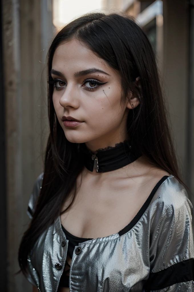 a very sexy adolescent girl using a black metal makeup