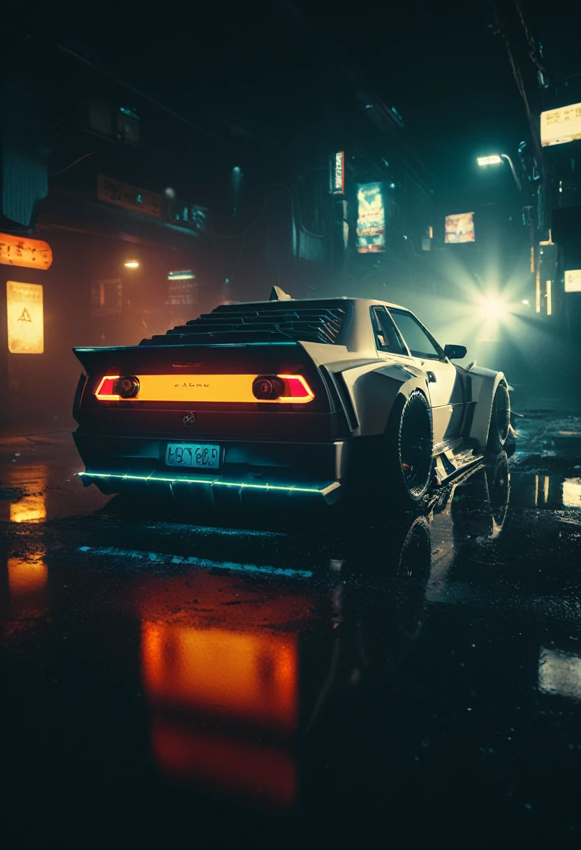 (intrincated details:1.5), (photorealistic), (masterpiece), (photography),  cinematic lighting, (hyperrealistic:1.2), 8K, 300mm
vehicle focus, cyberpunks car, cyberpunk alley, ground vehicle, motor vehicle, , scenery, solo, night time, wide tyres, autonomous vehicle,(car led lights), steam coming out of the exhausts, (lens flare, film noise, diffused glow.1.5), (reflections and shine:1.5), (diffraction and chromatic aberration:1.5), (without license plate), (extremely shiny car paint), (tires with a lot of negative camber), Drone Cars, simetric design
sparks floating, (dust and scratches film:1.2), (vintage color grading:1.3), dense environment, (old photo style)
 SK_ANALOGFILM 
