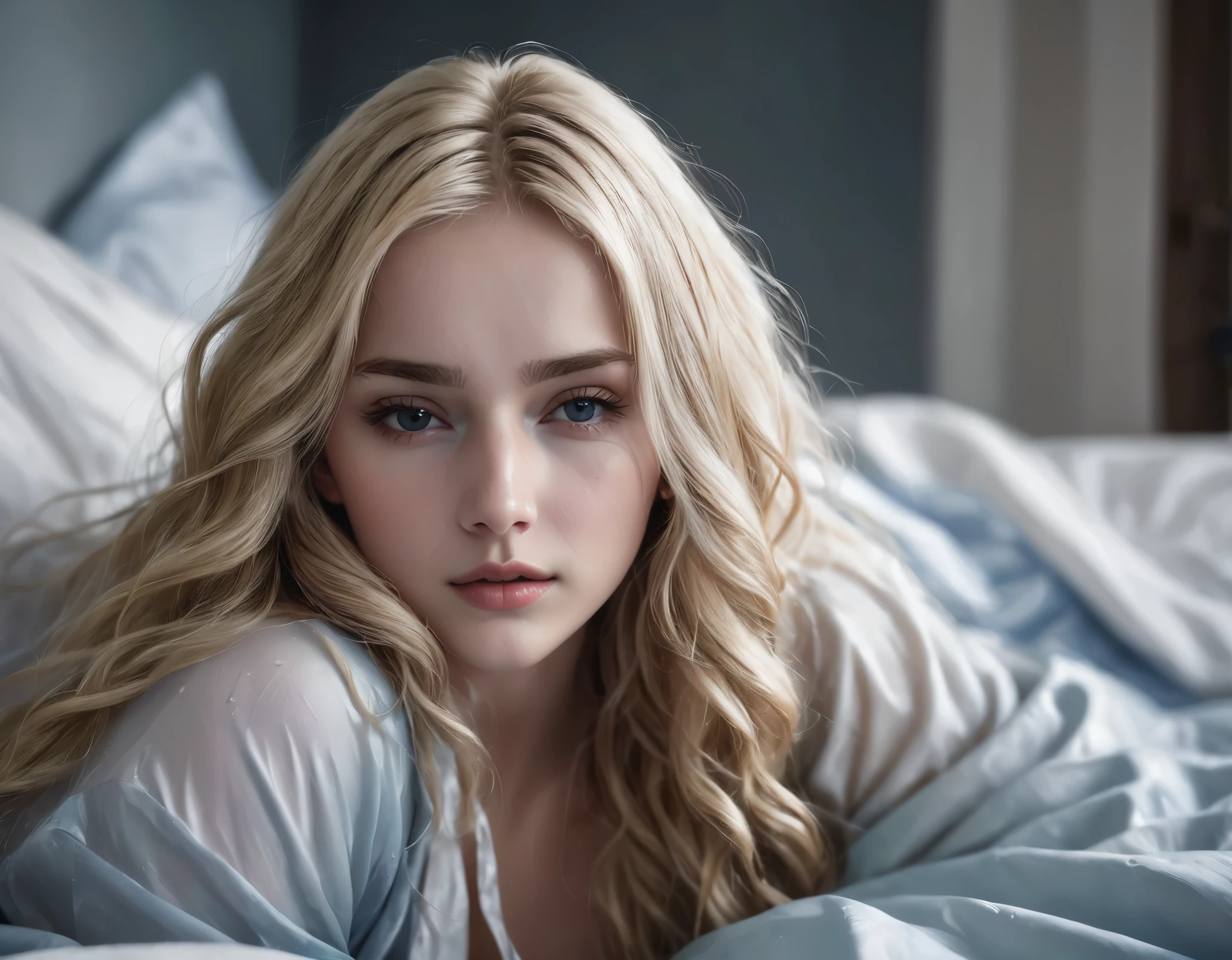 blonde girl, alone, (25 years old:1.3), beautiful lady, (Blonde extra long wavy hair:1.3), Detailed face:1.2), ((Detailed face features:1.3)), Delicate skin, pale skin, ((portrait:1.3)), wrapped in a paper, Bedroom environment, (Lying in bed:1.3), (Cool color scheme:1.2), wet, Reflective surface, (current:1.3), (High resolution:1.3), ((Realistic:1.4)), masterpiece, real details, shallow depth of field, seductive