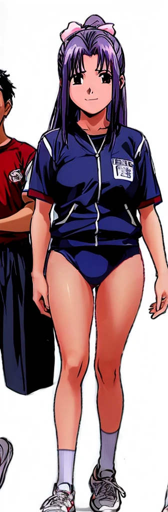 Momoko Koigakubo, a tall girl with beautiful legs, is wearing white gym clothes and light navy blue bloomers that look like panties, and is holding a smiling fifth grade boy in a tracksuit.。