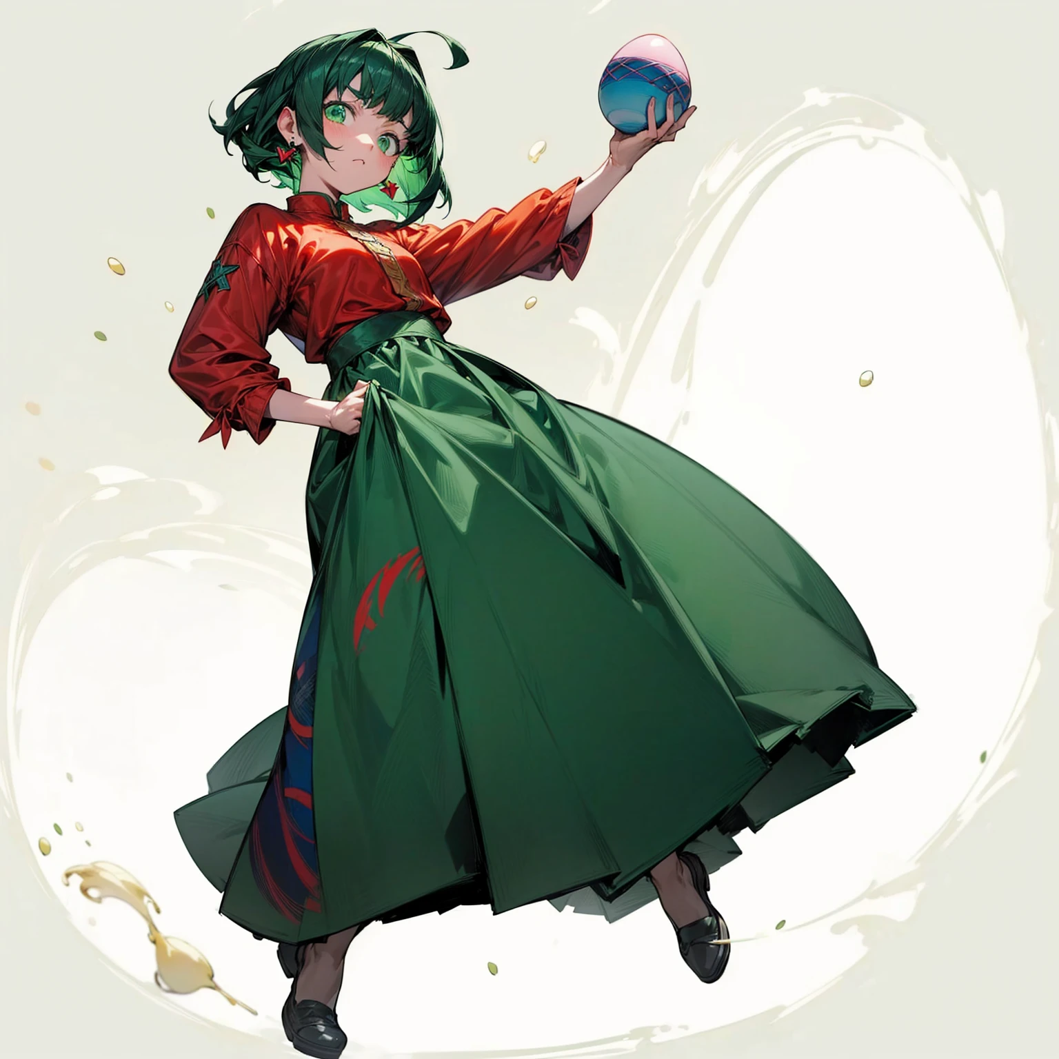 Ultra detailed, full background, Full body version, motion blur, plasma, lens blur, overlay color, overlay blending, lighten blending, chromatic aberration, hd, ultra hd, (Hunter x hunter style), , green eyes, black hair, classic bowl hairstyle, Red earrings, egg