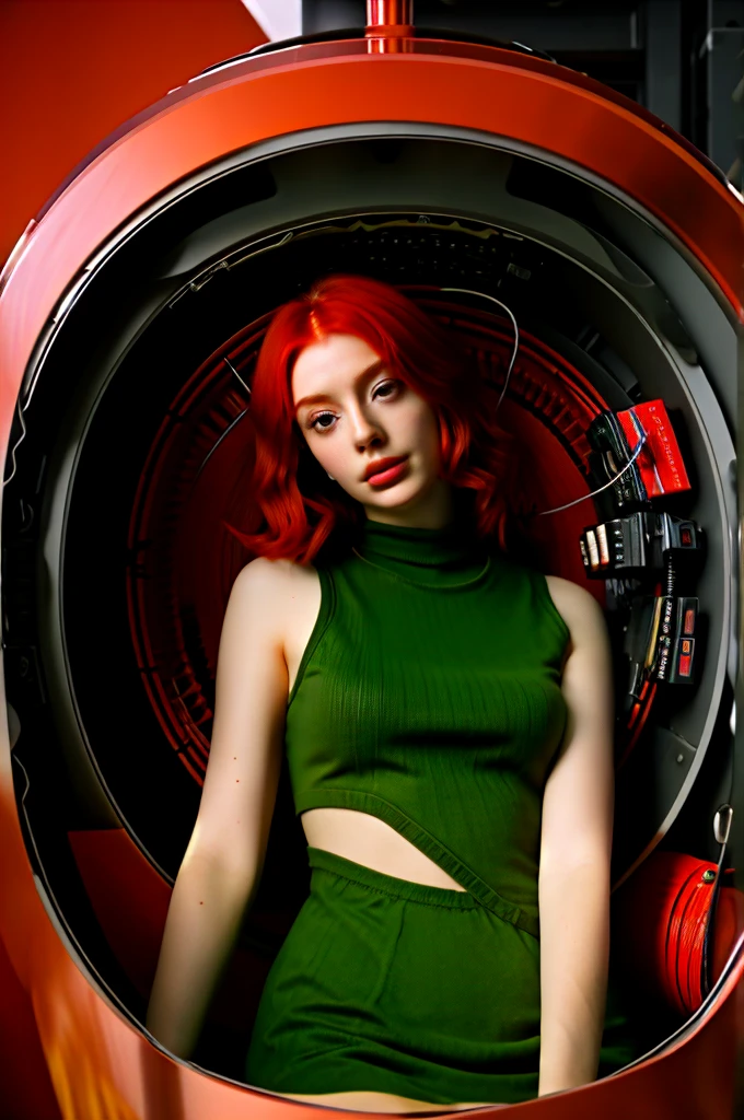 Red-haired gir sleepl inside a technological capsule of hibernation  with cables and many identical capsules around her 