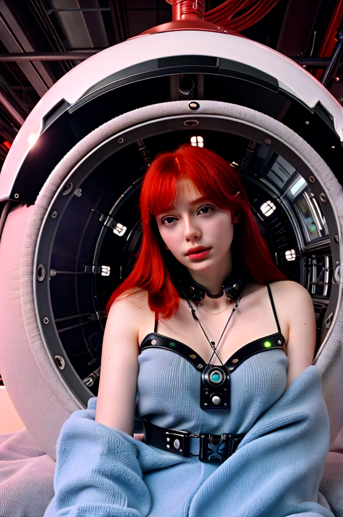 Red-haired gir sleepl inside a technological capsule of hibernation with cables and many identical capsules around her