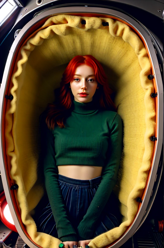 Red-haired gir sleepl inside a technological capsule of hibernation with cables and many identical capsules around her